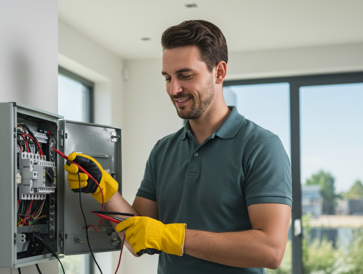 Electrician wearing yellow gloves smiling while using a multimeter to test a circuit board in an electrical panel.