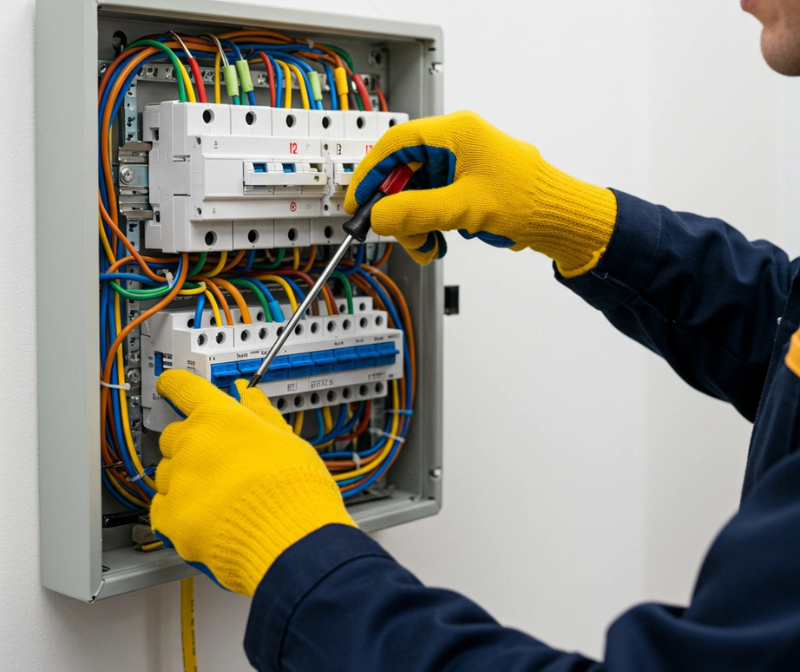 Electrician wearing yellow gloves working on a circuit board inside a residential switchboard, with visible wiring and circuit breakers.