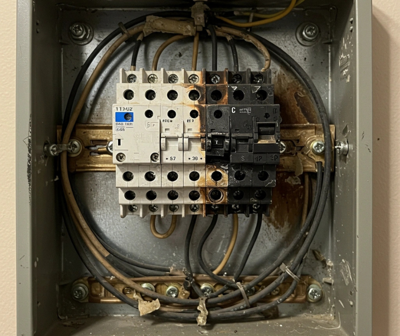 Close-up view of a worn-out electrical panel showing outdated wiring and circuit breakers, indicating potential electrical faults.