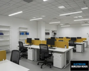 Open-plan office space with desks, computers, and employees working under grid lighting.