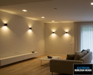 Minimalist room with soft wall-mounted lights and wood flooring creating a cosy atmosphere.