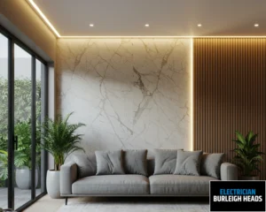 Stylish living room featuring a grey sofa, marble accent wall, and warm ambient lighting.