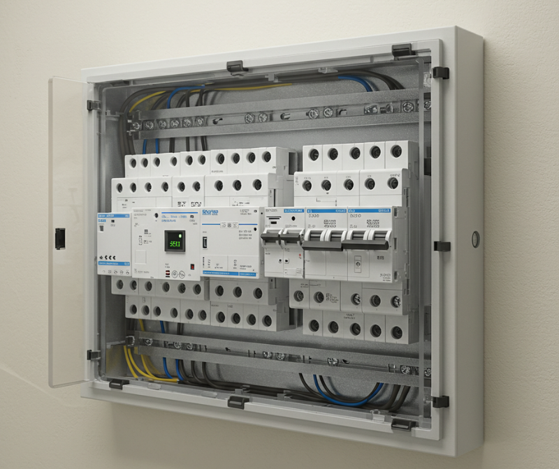 Modern electrical switchboard with clearly marked circuit breakers and a power failure indicator, ready for quick repairs.